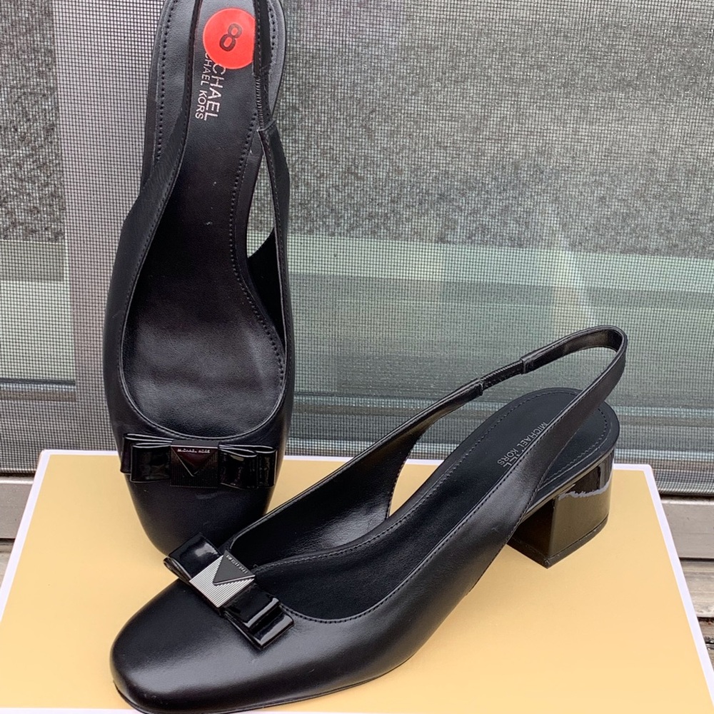 NWB Caroline Black Leather Slingback Pumps, Size 8